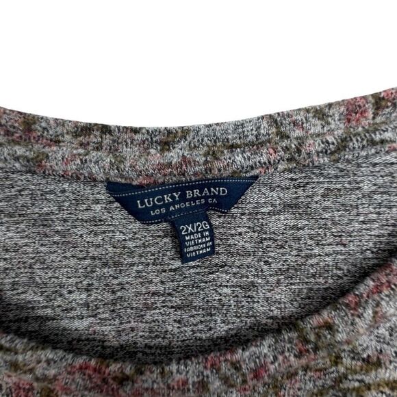 Lucky Brand Abstract Floral Knit Bell Sleeve Top Plus 2X Heather Gray Pink - Picture 3 of 9